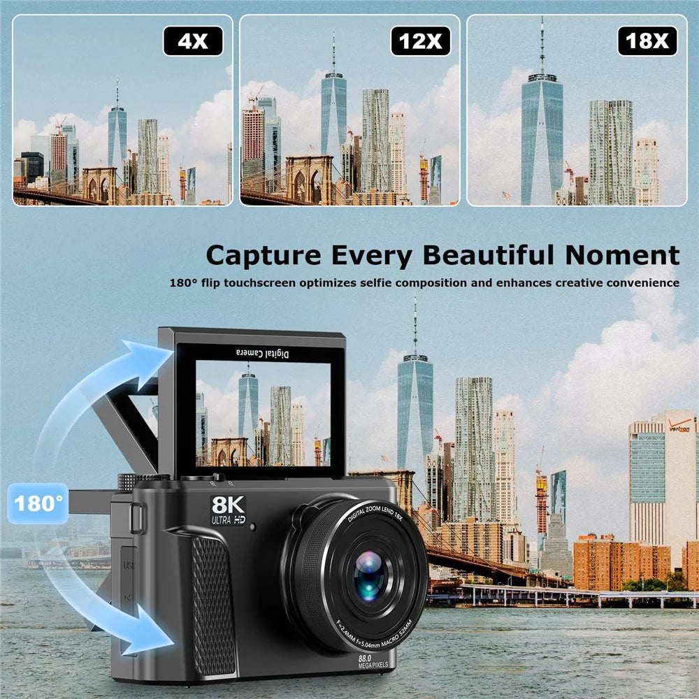 WD300-8K 88MP 8K 3 inch 180 Degree Flip Screen Digital Camera 18X Zoom WiFi Travel Camera with 32GB Card + Card Reader - Black - 5