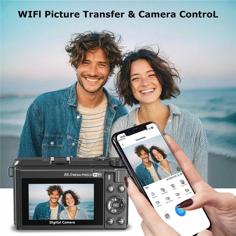 WD300-8K 88MP 8K 3 inch 180 Degree Flip Screen Digital Camera 18X Zoom WiFi Travel Camera with 32GB Card + Card Reader - Black - 6