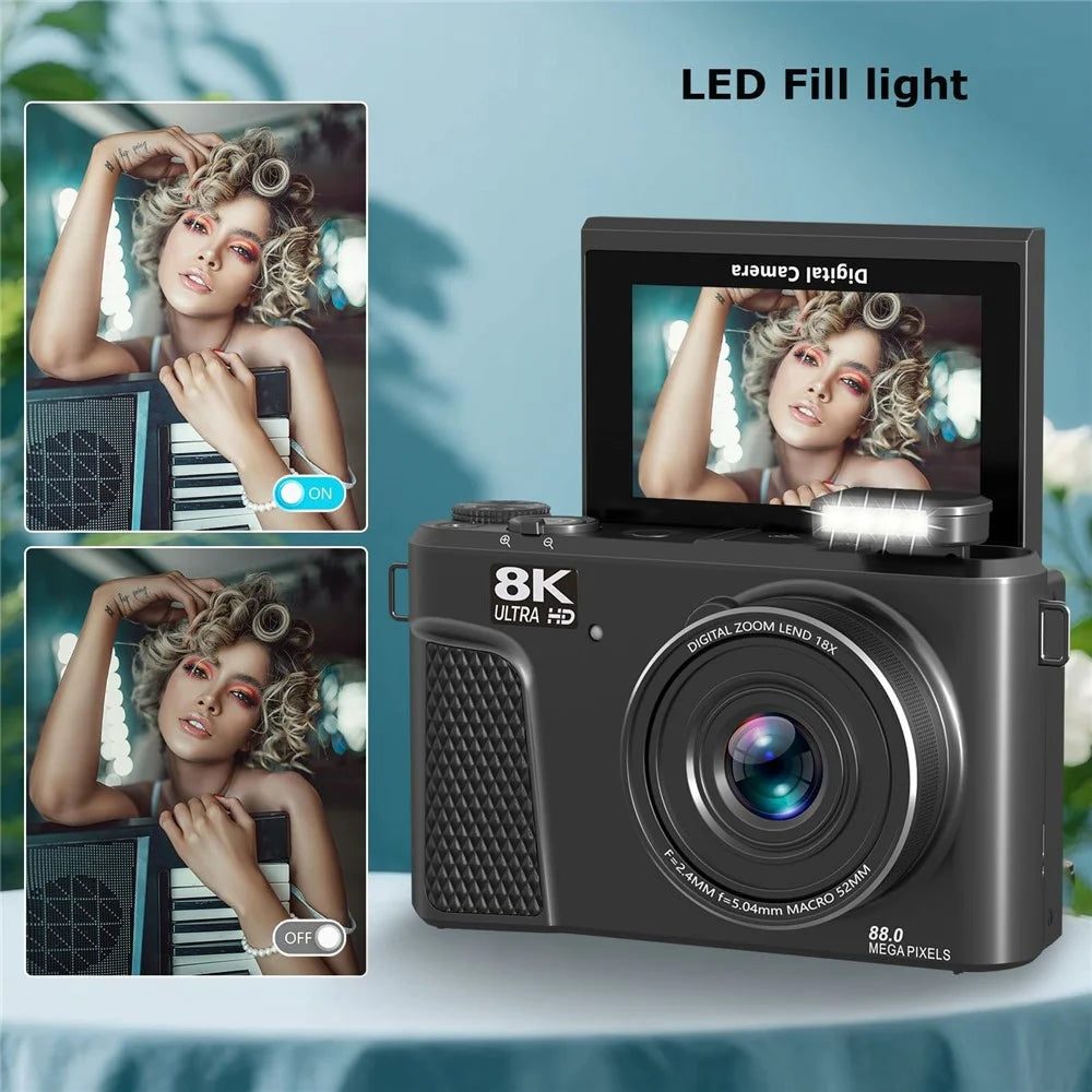 WD300-8K 88MP 8K 3 inch 180 Degree Flip Screen Digital Camera 18X Zoom WiFi Travel Camera with 32GB Card + Card Reader - Black - 7