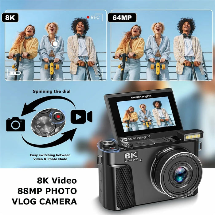 WD300-8K 88MP 8K 3 inch 180 Degree Flip Screen Digital Camera 18X Zoom WiFi Travel Camera with 64GB Card + Card Reader - Black - 3