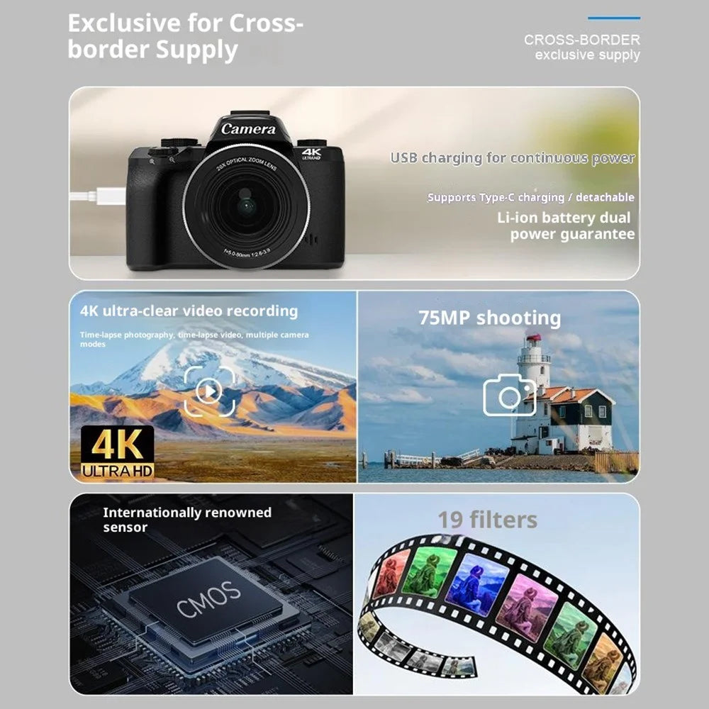 WD100-4K 75MP 4K Digital Camera 20X Optical Zoom 4.0 inch Touchscreen Mirrorless Camera with 64GB Card + Card Reader - Black - 5