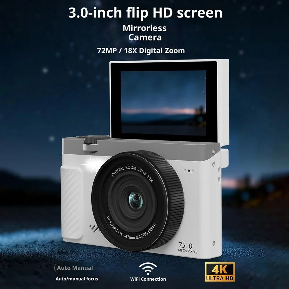 WD600-4K 75MP 4K Digital Camera 18X Zoom WiFi Travel Camera 3 inch 180 Degree Flip Screen with 31 Different Filters - Black - 5