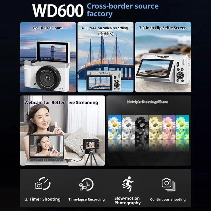 WD600-4K 75MP 4K Digital Camera 18X Zoom WiFi Travel Camera 3 inch 180 Degree Flip Screen with 64GB Card + Card Reader - Black - 6
