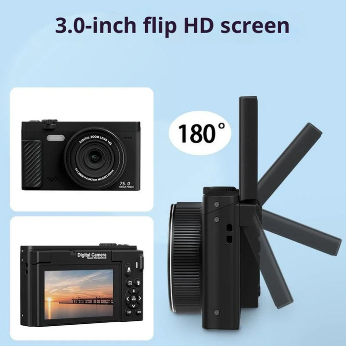 WD600-4K 75MP 4K Digital Camera 18X Zoom WiFi Travel Camera 3 inch 180 Degree Flip Screen with 64GB Card + Card Reader - Black - 7