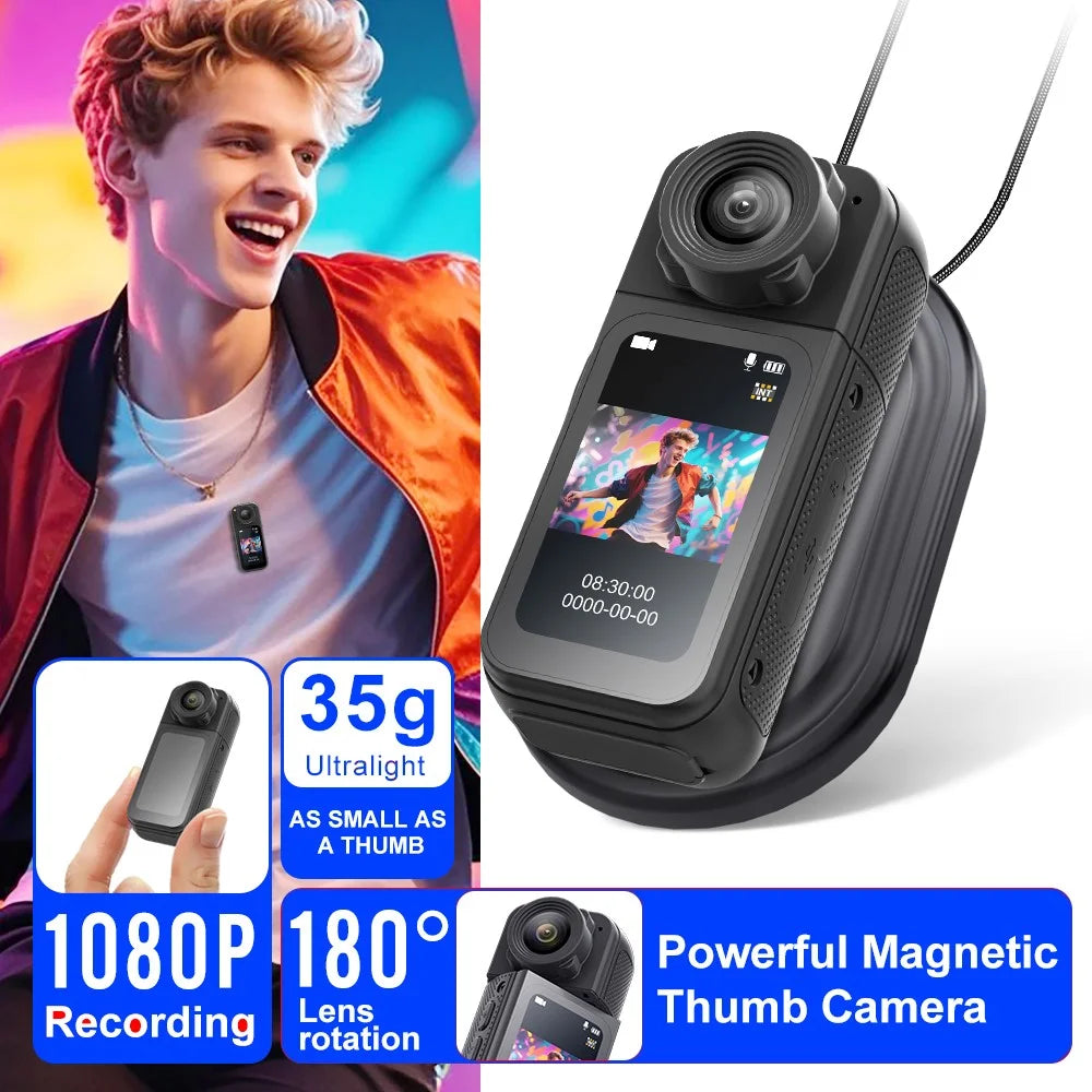 S83 1080P Magnetic Thumb Camera 1.47 inch IPS Screen Mini Cam with 180° Rotating Lens + 32G Card - Black - 2