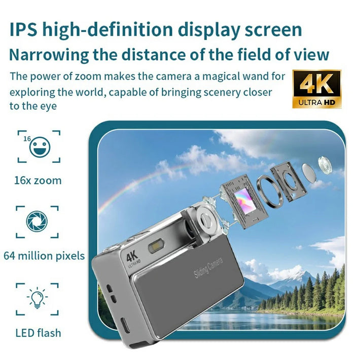 M15 2.8 inch 4K HD Slide Cover CCD Digital Camera 16X Zoom Camera AF Auto Focus with Fill Light - White - 3