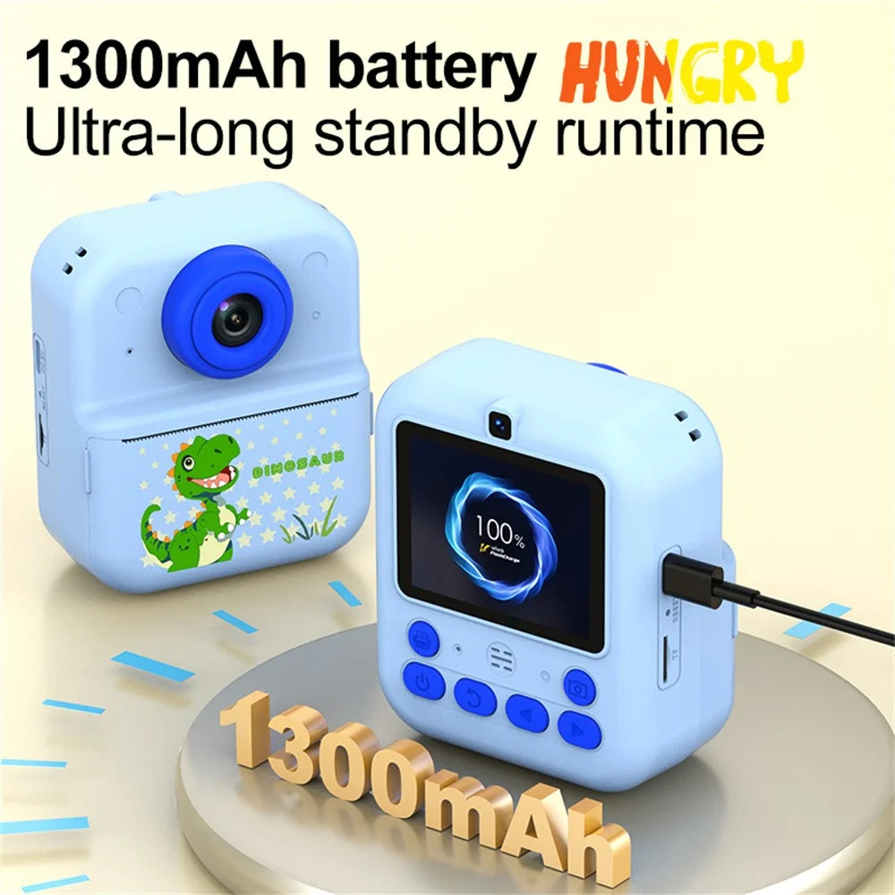 S5 2.4 inch HD Dual Camera Instant Print Kids Camera 1080P Video Recorder Gift with 16X Digital Zoom Single Color Printing - Blue Dinosaur - 3