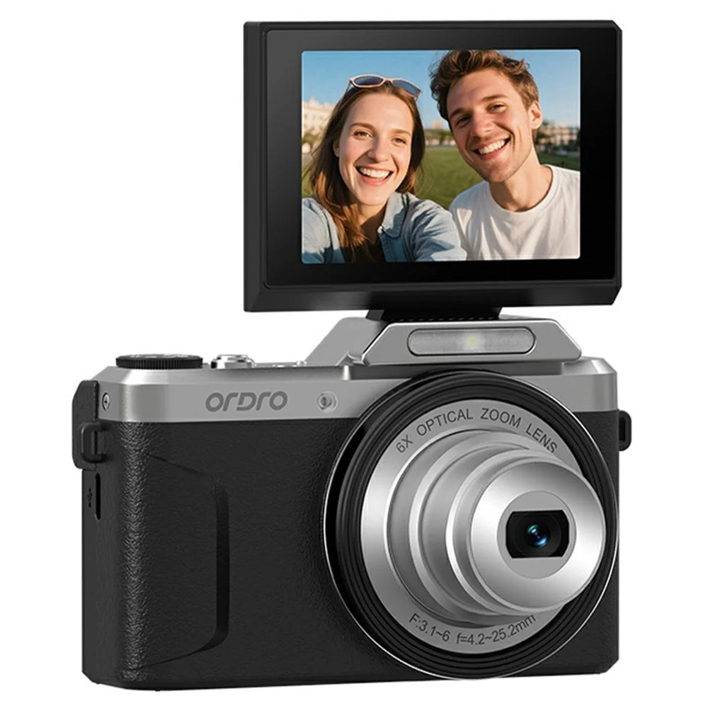 ORDRO D27 Digital Camera 6X Optical Zoom 2.8 Inch Flip Screen 4K HD Video Recording CCD Camcorder - Black - 1