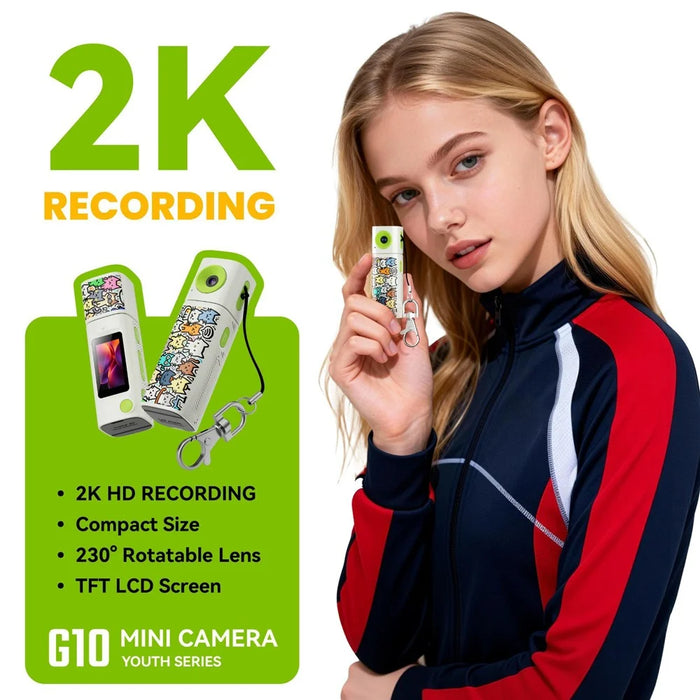 G10 Mini Camera 0.96 Inch TFT LCD Screen 2K HD Video Recorder with 230 Degree Rotatable Lens Portable Keychain Camera - White - 2
