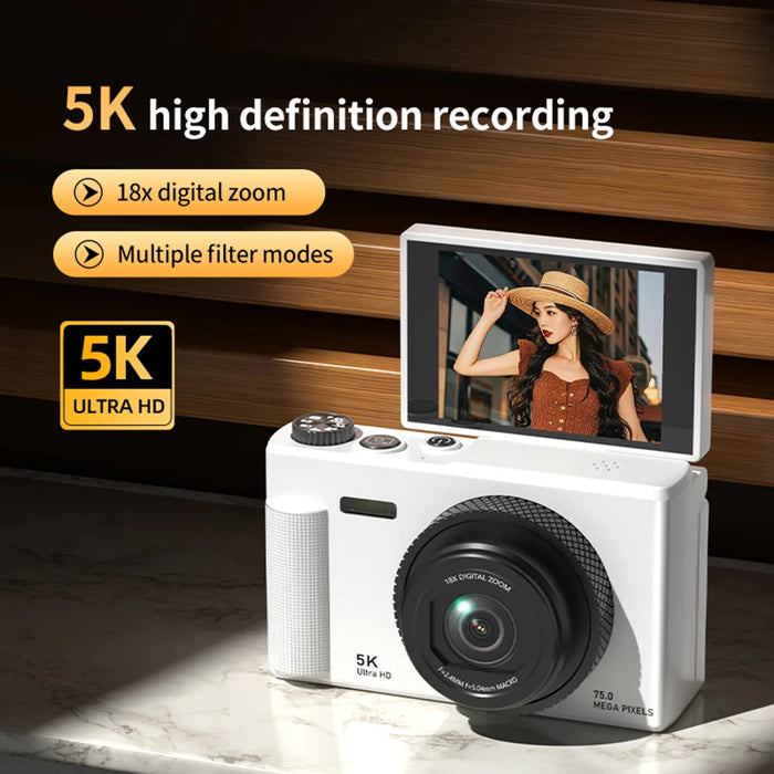 X9 Digital Camera 5K Video Recorder 18X Zoom Auto Focus 180 Degree Flip Screen Vlog Camera - White - 2