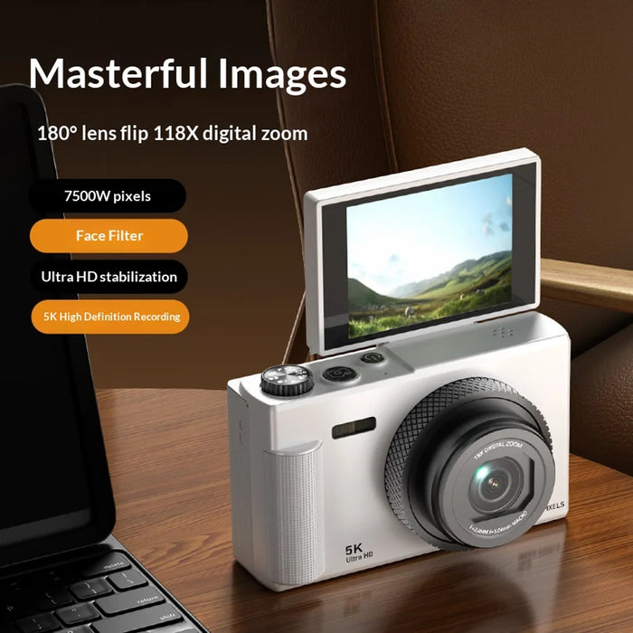 X9 Digital Camera 5K Video Recorder 18X Zoom Auto Focus 180 Degree Flip Screen Vlog Camera - White - 3