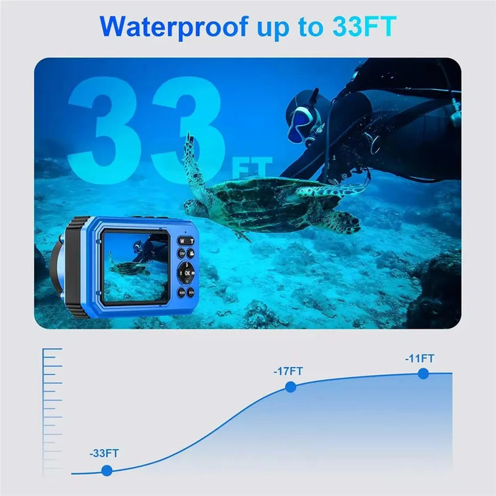 VP006 33ft Waterproof Camera with 1 Battery 4K UHD 56MP 2.8 + 1.4 Inch Dual Screen Underwater Digital Camera - Blue - 2
