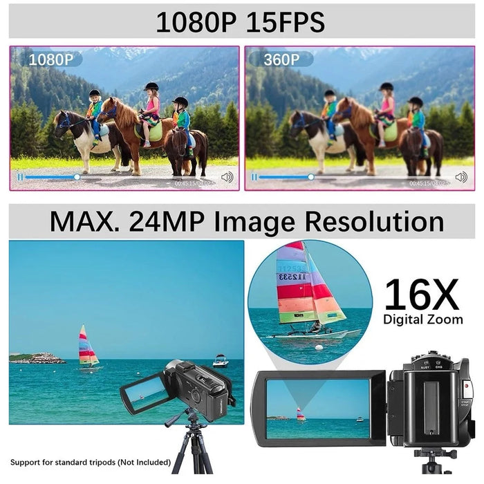 HDV-604S Digital Video Camera with 1 Battery 3.0 Inch 270 Degree Rotating Screen 16X Zoom 1080P Camcorder - Black - 4