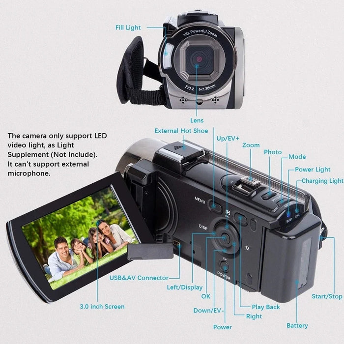 HDV-604S Digital Video Camera with 1 Battery 3.0 Inch 270 Degree Rotating Screen 16X Zoom 1080P Camcorder - Black - 5
