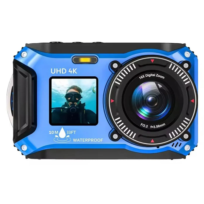 VP006 33ft Waterproof Camera with 2 Batteries 4K UHD 56MP 2.8 + 1.4 Inch Dual Screen Underwater Digital Camera - Blue - 1