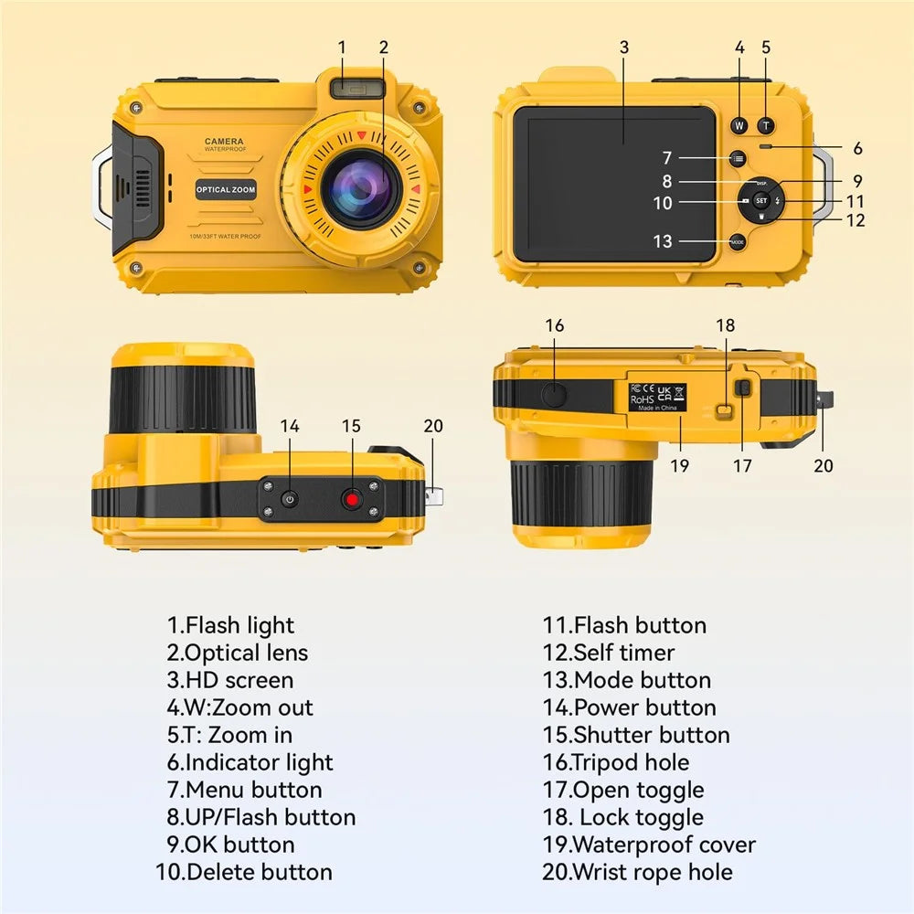 WP10 2.8inch 4K Digital Camera 48MP 6X Optical Zoom 10m Waterproof Camera for Underwater Diving - Yellow - 6