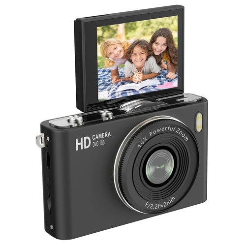 H20 Portable Digital Camera 64MP 4K UHD 16X Zoom 2.4inch Flip Screen Auto Focus Mini Camera for Students Photography (No Memory Card) - Black - 1