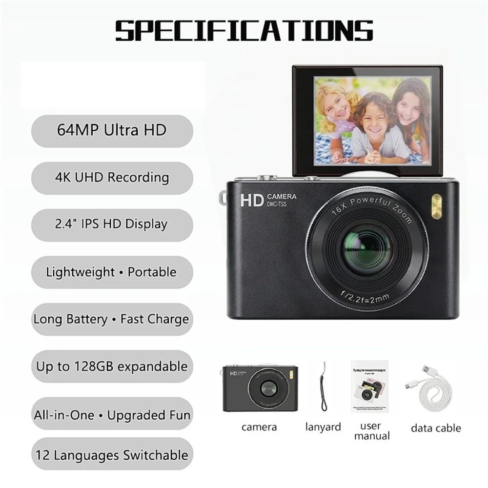 H20 Portable Digital Camera 64MP 4K UHD 16X Zoom 2.4inch Flip Screen Auto Focus Mini Camera for Students Photography (No Memory Card) - Black - 4