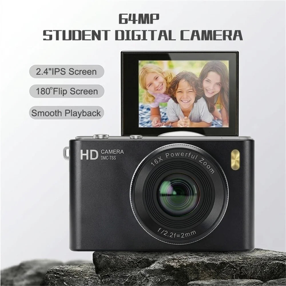 H20 Portable Digital Camera 64MP 4K UHD 16X Zoom 2.4inch Flip Screen Auto Focus Mini Camera for Students Photography (No Memory Card) - Black - 7