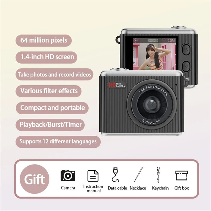 S6 Mini Thumb Camera 64MP HD Digital Camera 16X Zoom 1.4 Inch IPS Screen Digital Camera for Photography Video Recording - Black - 7