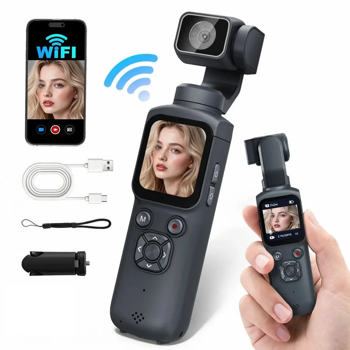 HJD-05 4K Vlog Camera with 3-Axis Gimbal Stabilizer AI Face Tracking Dual Lens 1.72 Inch Touch Screen WiFi Action Camera - Black - 1