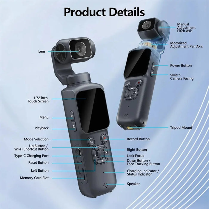 HJD-05 4K Vlog Camera with 3-Axis Gimbal Stabilizer AI Face Tracking Dual Lens 1.72 Inch Touch Screen WiFi Action Camera - Black - 5