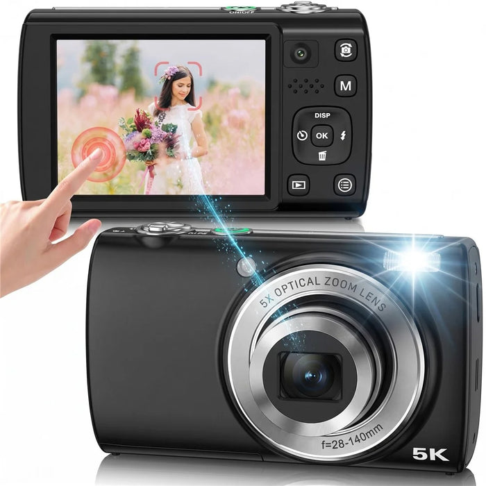 DC408X 5K Digital Camera 5X Optical Zoom Dual Lens 2.8 Inch Flip Touch Screen Autofocus Camera with LED Flash - Black - 1