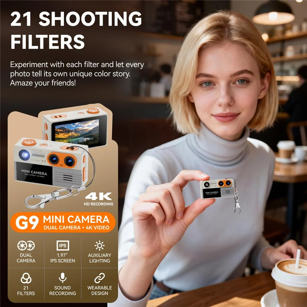 G9 Mini Thumb Camera Portable Dual Lens 4K HD Camera Student Digital Camera with 21 Shooting Filters - Orange - 2