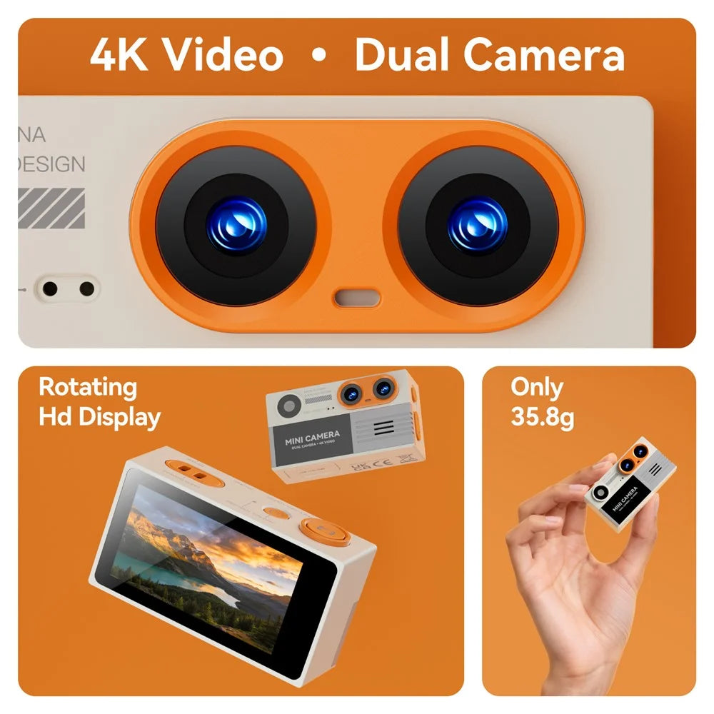 G9 Mini Thumb Camera Portable Dual Lens 4K HD Camera Student Digital Camera with 21 Shooting Filters - Orange - 4