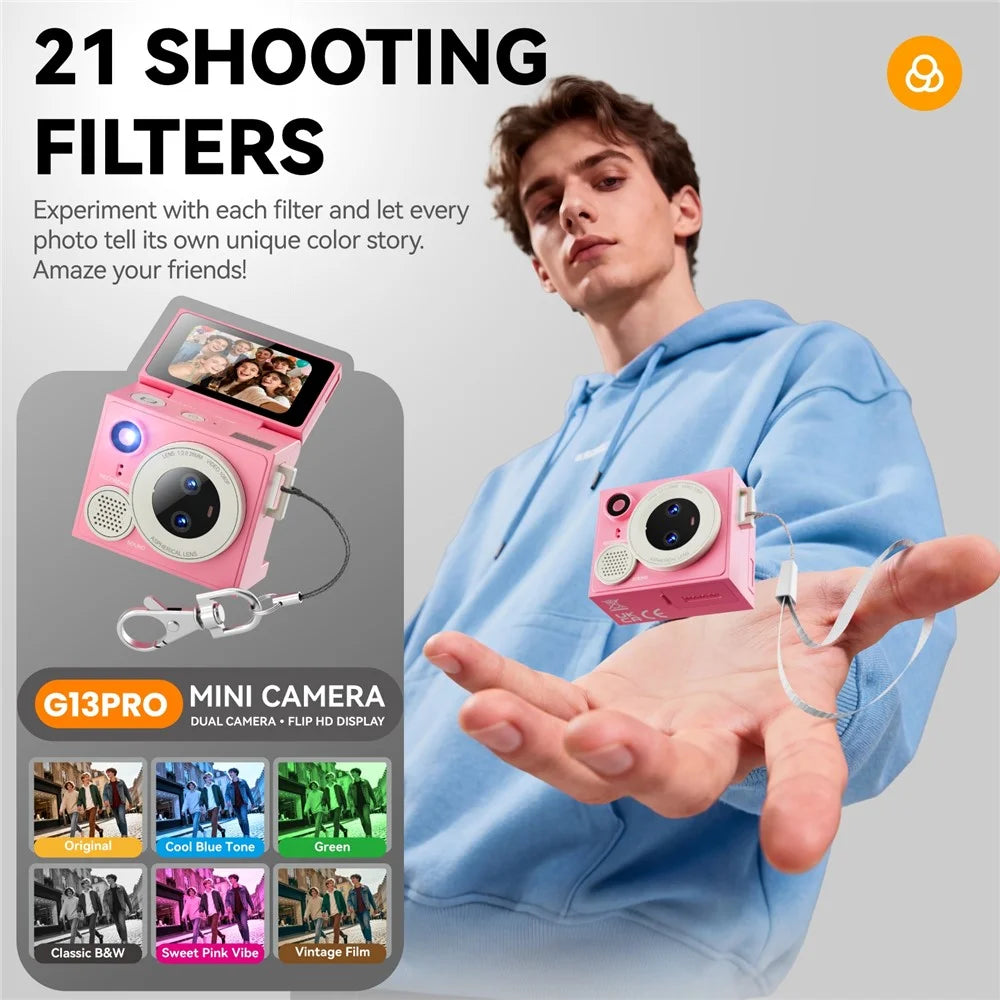 G13 Pro Mini Thumb Camera Dual Lens 1080P HD Flip Screen Portable Digital Camera with 21 Shooting Filters - Pink - 3