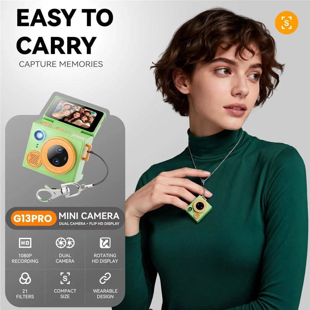 G13 Pro Mini Thumb Camera Dual Lens 1080P HD Flip Screen Portable Digital Camera with 21 Shooting Filters - Pink - 4