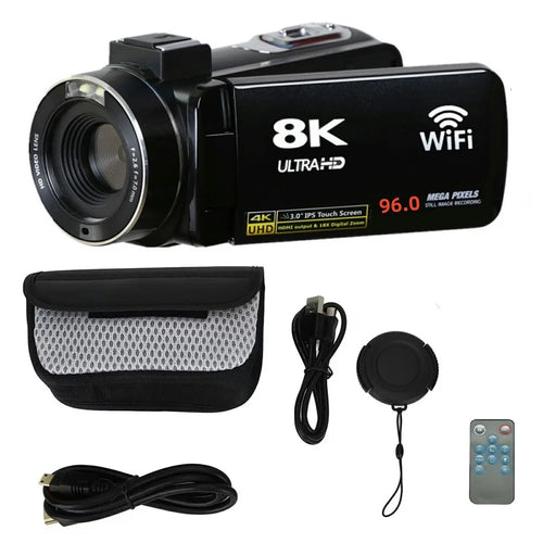DV09 8K Digital Video Camera 96MP WiFi 3.0 Inch IPS Touchscreen 18X Zoom Camcorder for Vlog Photography - Black - 1