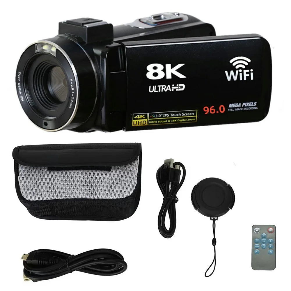 DV09 8K Digital Video Camera 96MP WiFi 3.0 Inch IPS Touchscreen 18X Zoom Camcorder for Vlog Photography - Black - 1