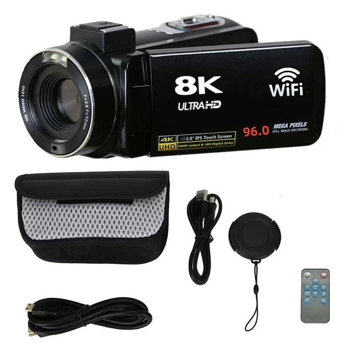 DV09 8K Digital Video Camera 96MP WiFi 3.0 Inch IPS Touchscreen 18X Zoom Camcorder for Vlog Photography - Black - 1