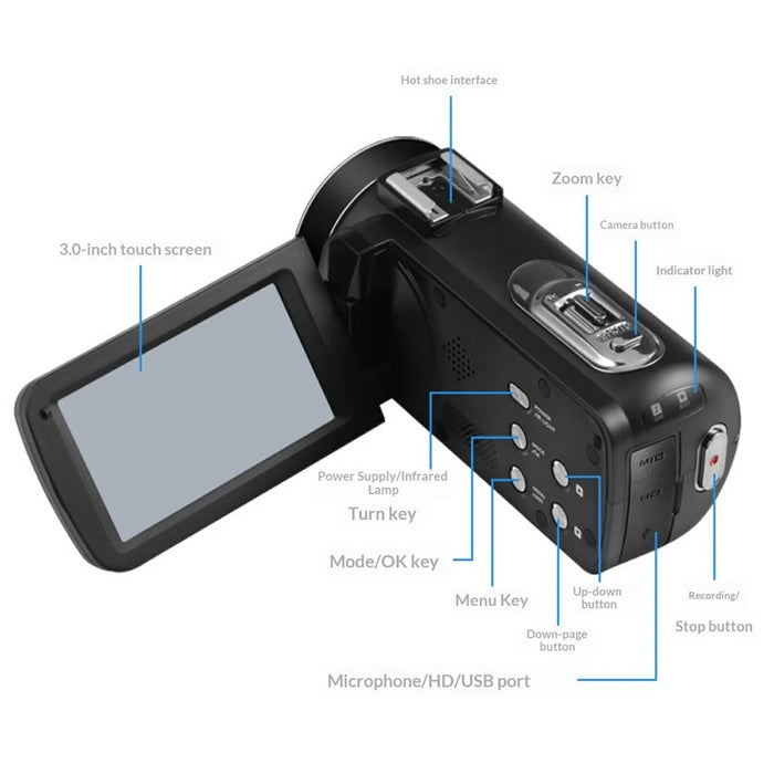 DV09 8K Digital Video Camera 96MP WiFi 3.0 Inch IPS Touchscreen 18X Zoom Camcorder for Vlog Photography - Black - 5