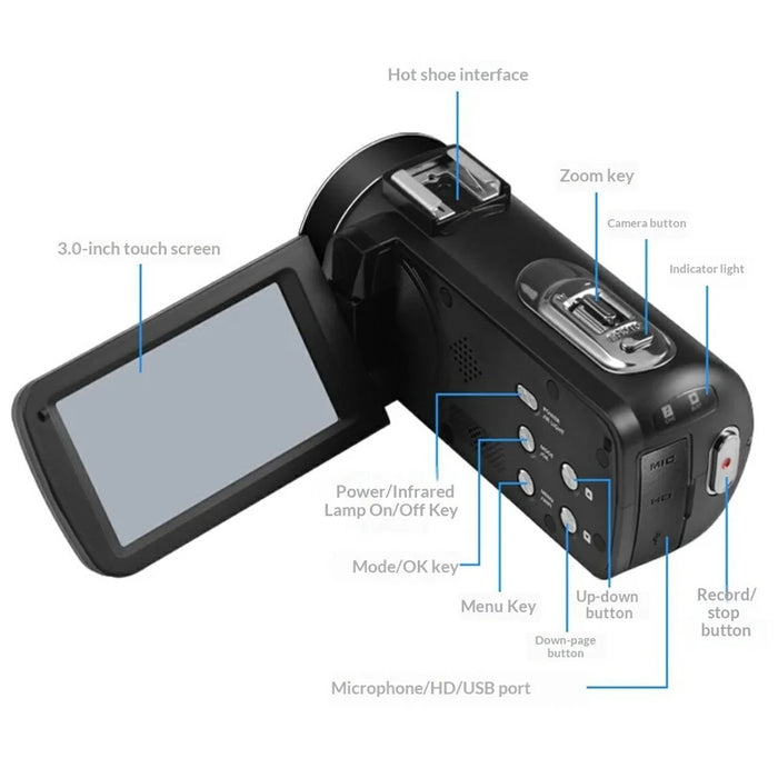 DV09 8K Digital Video Camera with External Microphone Lens Hood Handle Accessories 96MP 3.0 Inch Touch Screen 18X Zoom Camcorder - Black - 5