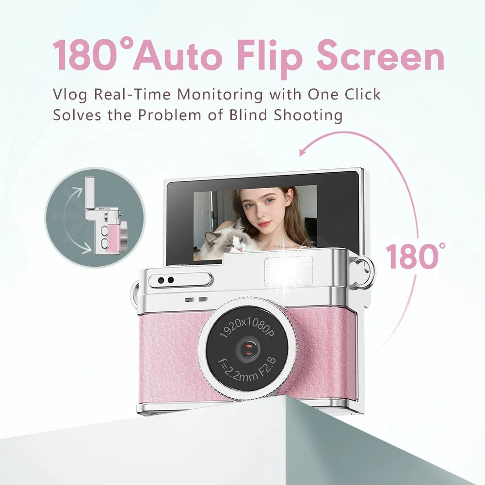 S150PRO Mini Portable Digital Camera 1080P HD Video Recording 0.96 Inch IPS Screen 180 Degree Flip Life Camera for Vlog Photography - Pink - 3