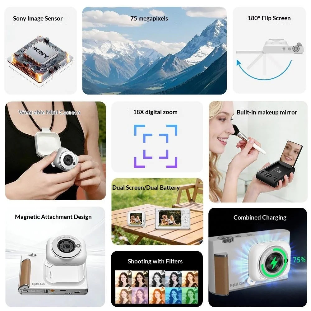 AM-G02 2 in 1 Detachable Digital Camera 75MP 5K Video 18X Zoom 2.8 Inch Flip Screen for Photography - Black - 7