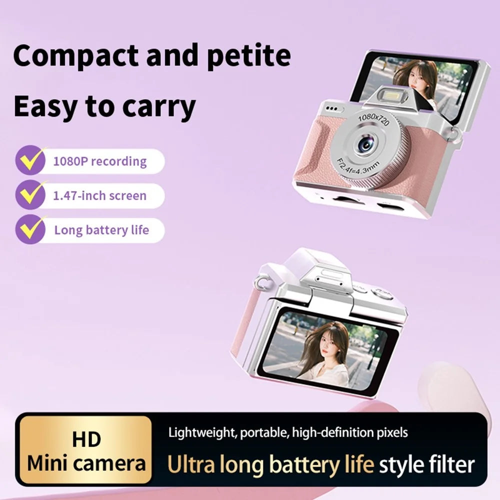 M37 1.47 Inch Flip Screen Mini Thumb Camera 1080P HD Video Recording LED Flash Camera for Vlog Travel - Pink - 4