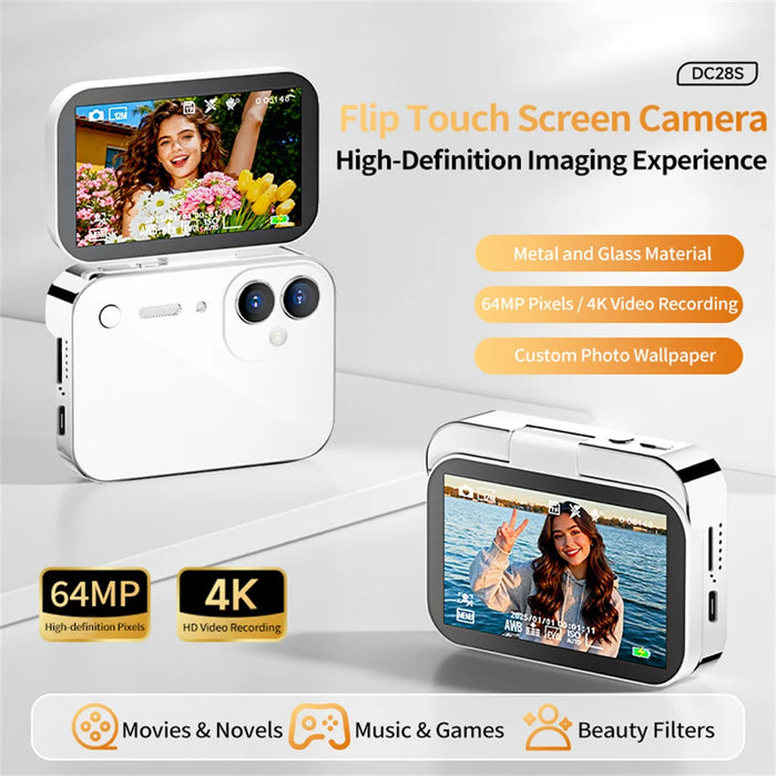 D28S 64MP 4K Digital Camera Dual Lens 3 Inch Flip Touch Screen CCD Camera with Beauty Filters (without TF Card) - Black - 3