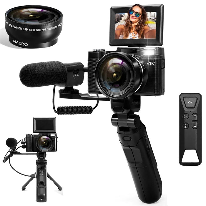 V01 4K Vlogging Camera with 1 Battery 3.0 Inch Flip Screen Digital Camera with Microphone + Tripod - Black - 1