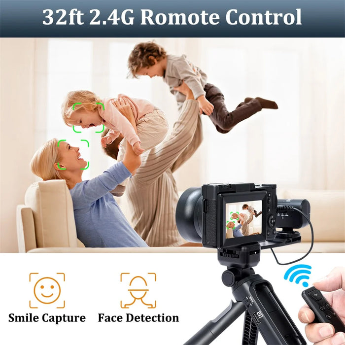 V01 4K Vlogging Camera with 1 Battery 3.0 Inch Flip Screen Digital Camera with Microphone + Tripod - Black - 4