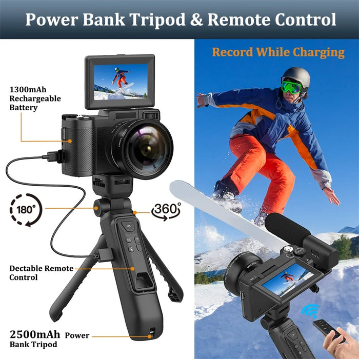 V01 4K Vlogging Camera with 1 Battery 3.0 Inch Flip Screen Digital Camera with Microphone + Tripod - Black - 5