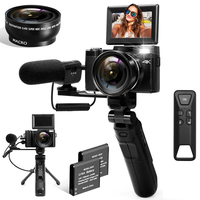 V01 4K Vlogging Camera with 2 Batteries 3.0 Inch Flip Screen Digital Camera with Microphone + Tripod - Black - 1