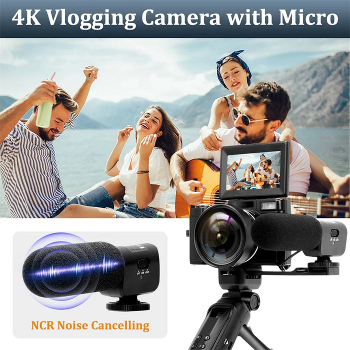 V01 4K Vlogging Camera with 2 Batteries 3.0 Inch Flip Screen Digital Camera with Microphone + Tripod - Black - 2