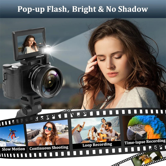 V01 4K Vlogging Camera with 2 Batteries 3.0 Inch Flip Screen Digital Camera with Microphone + Tripod - Black - 6