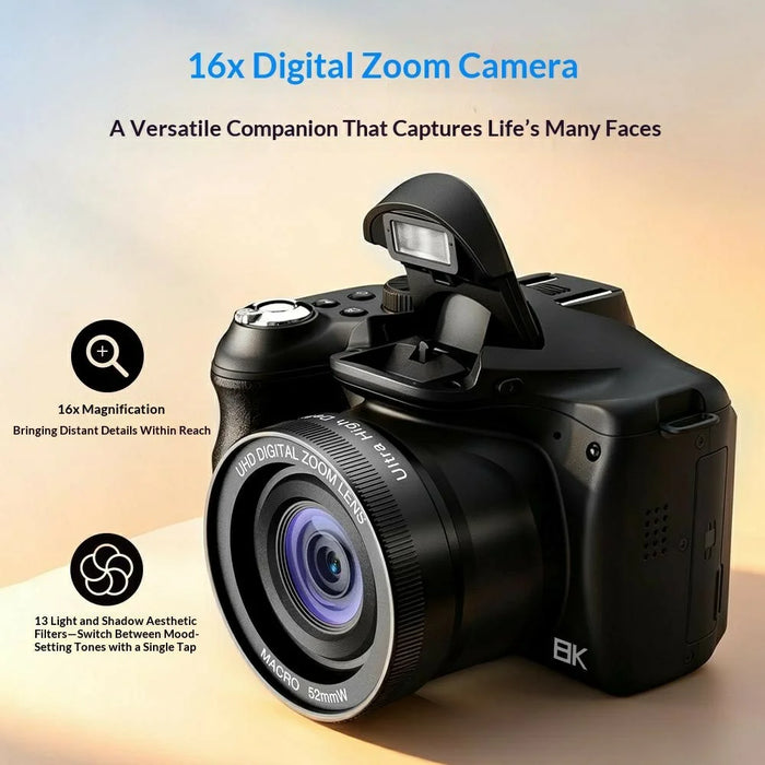 CD-R7 Digital Camera 3.0 Inch IPS Screen Dual Lens 16X Zoom WiFi 8K Video Recorder - Black - 3