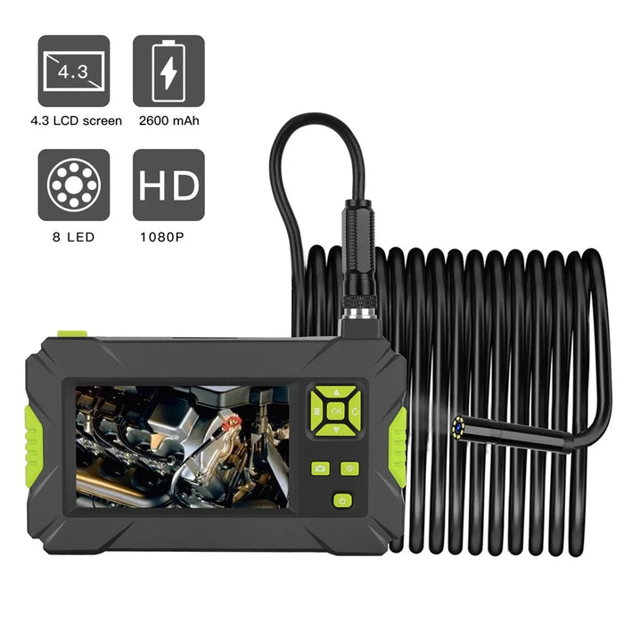 P30 Industrial Endoscope 5.5mm Handheld Borescope 8 LEDs 4.3inch 1080P HD Video Car Inspection Camera with 5M Semi-Rigid Cable - Green - 2