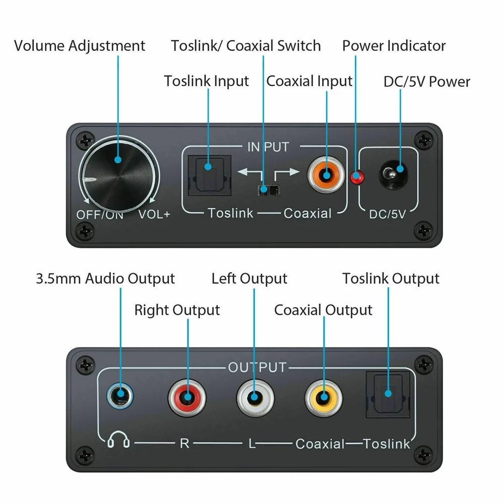 192KHz Digital Optical Coaxial Toslink to Analog RCA L/R 3.5mm Audio Converter - 4