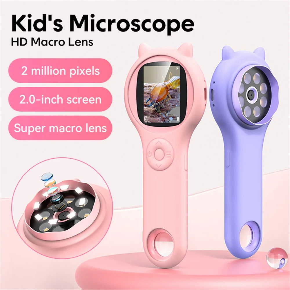 335 Upgraded 500X Magnification 2-inch IPS Screen Children Microscope Science Experiment Toy - Pink - 2
